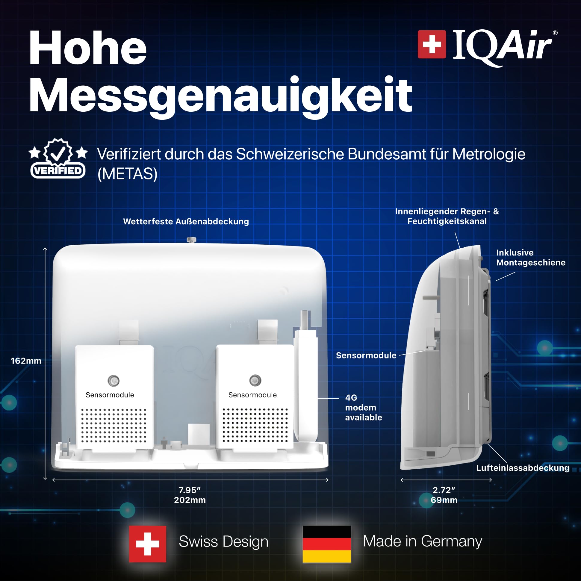 IQAir AirVisual Outdoor Luftqualitätsmonitor für außen - Luftqualität Messgerät & Feinstaubmessgerät mit PM2.5, PM10, AQI, Temperatur, Luftfeuchtigkeit, WLAN/Ethernet, Wetterfest. Made in Germany