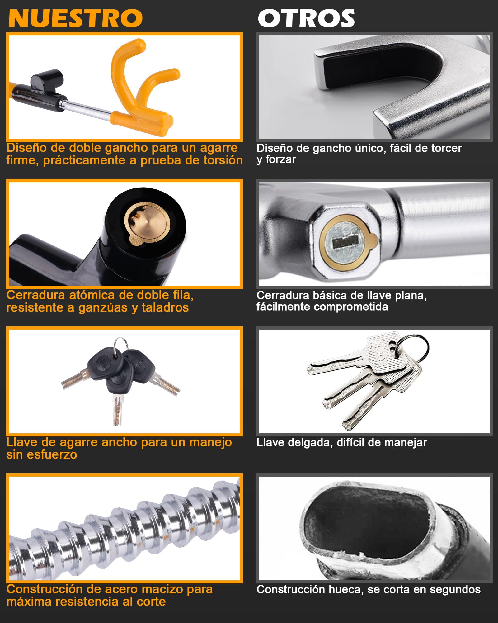 Tevlaphee Bloqueo de Volante con 4 Ganchos, Dispositivo Antirrobo Resistente de Alta Visibilidad, Ajuste Universal para Coches, Furgonetas, SUVs, Compatible con Volantes de hasta 41,5cm(Amarillo)