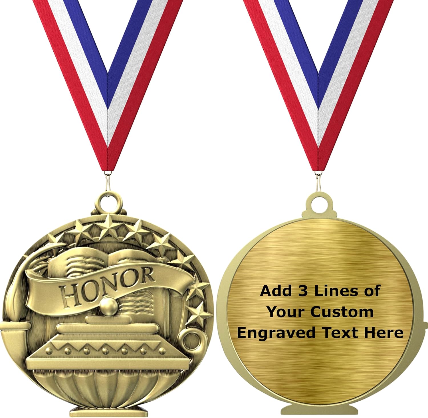 Express Medals Pack of 10 (or More) Engraved Scholastic Honor Roll Award Medals with RWB Neck Ribbons