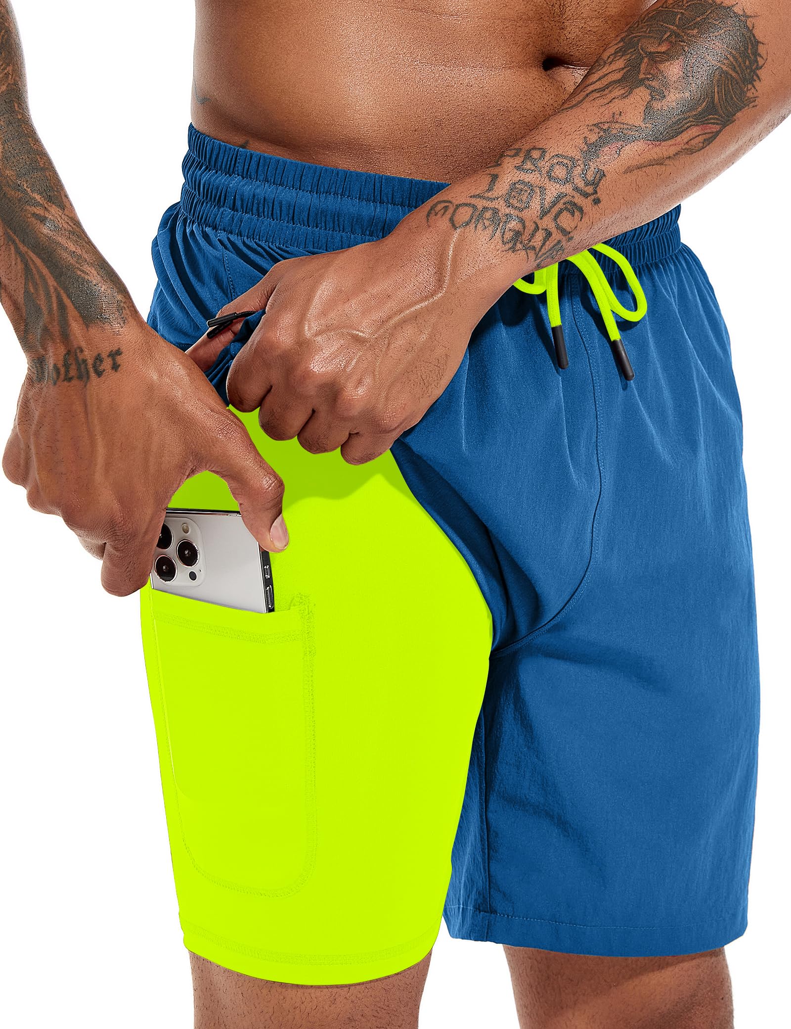 Atforna Badehose Herren Lang 2 in 1 Badeshorts mit Kompression Schnelltrocknend Atmungsaktiv Swim Shorts mit Reißverschlusstasche Verstellbar Tunnelzug
