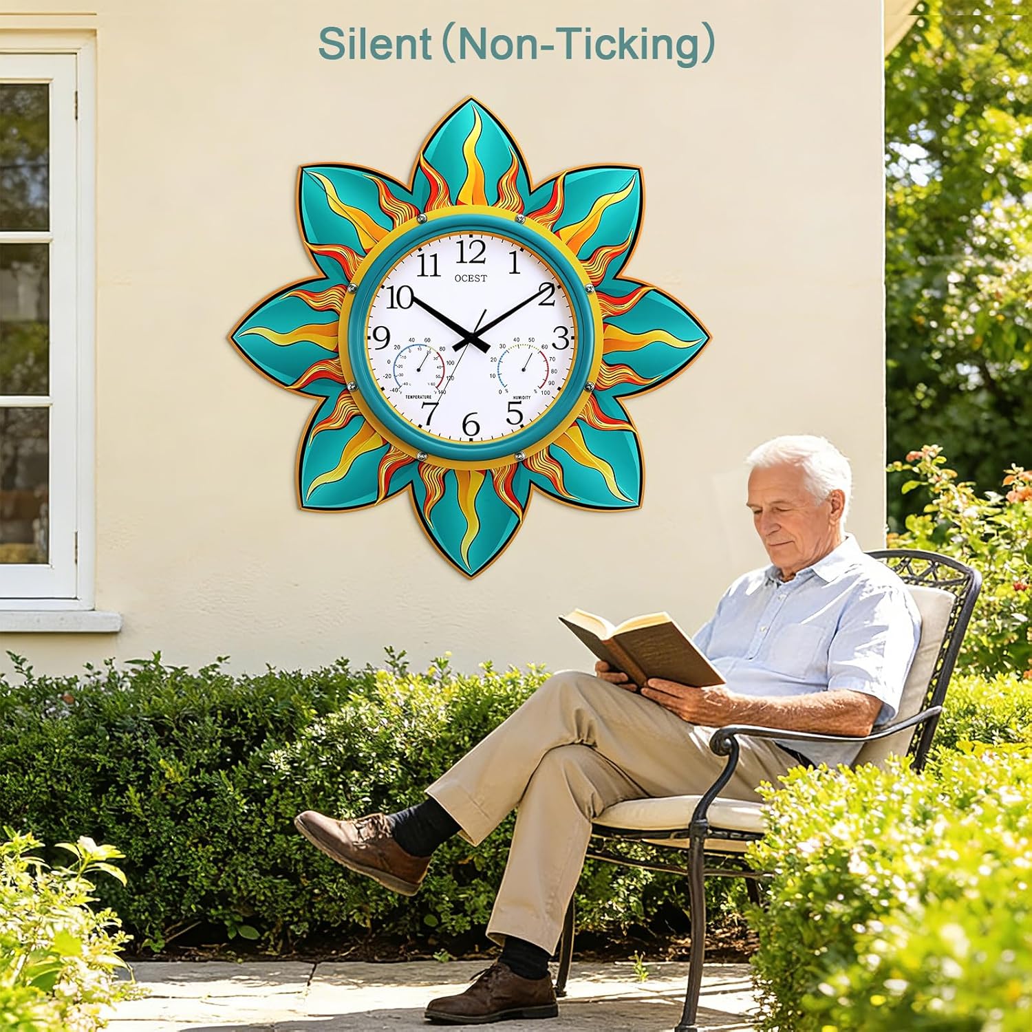 OCEST 24Inch Outdoor Clock, Waterproof with Thermometer and Hygrometer Combo, Silent No-Ticking Outdoor Wall Clocks, Quartz Clock for Patio Garden Flame Petal