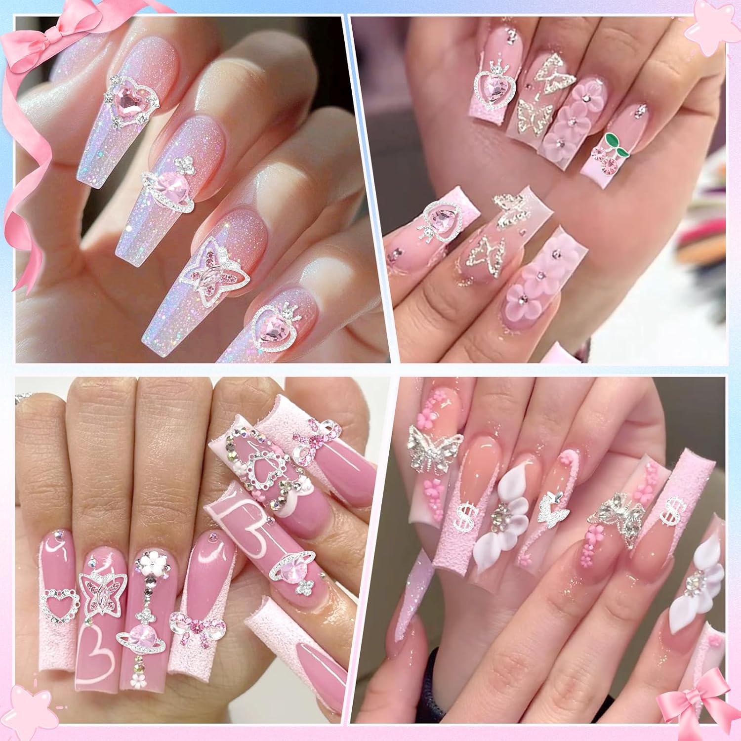 Cross Star Silver Nail Charms, 320 Pcs Pink Cherry Butterfly Bows 3D Alloy Nail Gems and Charm, Heart Dollar Star Crown Nail Art Charms, Silver Nails Rivets Charms for Nails DIY Design Y2K Supplies - Image 6