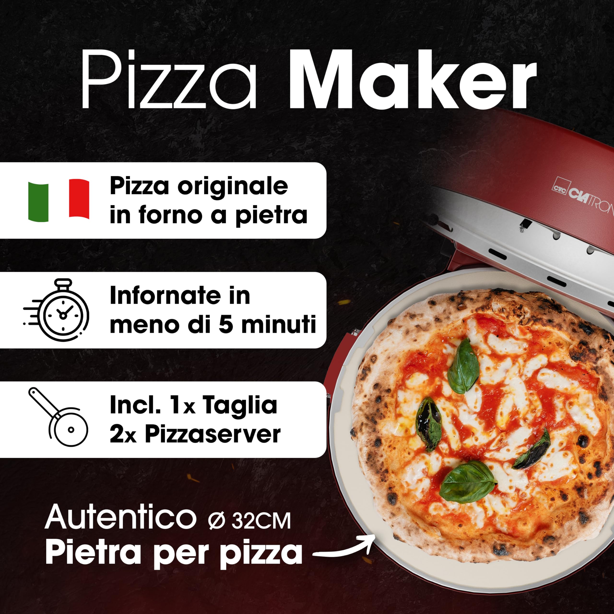 Forno per pizza Clatronic® | Pizzarette 350°C per pizza italiana su pietra a casa | anche per pizze surgelate | pizza in meno di 5 minuti | inclusa pietra per pizza Ø32cm e accessori | PM 3787