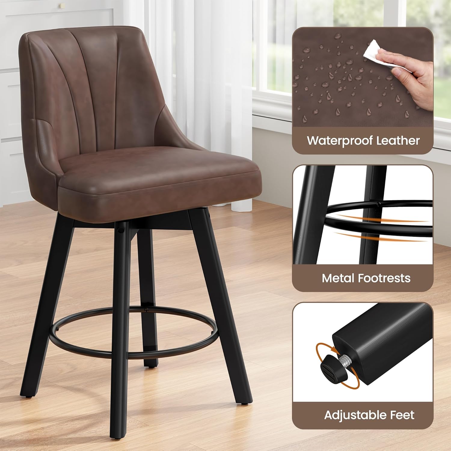 REONEY Counter Height Swivel Bar Stool, 24" Upholstered PU Leather Barstools Set of 2, Counter Stool Chair with Back & Solid Wood Legs for Kitchen Island Dining Room (Brown)