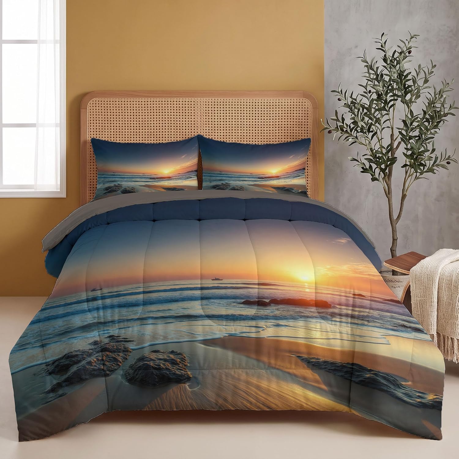Natural Coastal Scenery Quilt King Size Warm Orange Quilt Bedding Set | 3 Pieces Soft Lightweight Microfiber Sunrise and Waves Bedspread Coverlet Set for All Season, 104"X90"