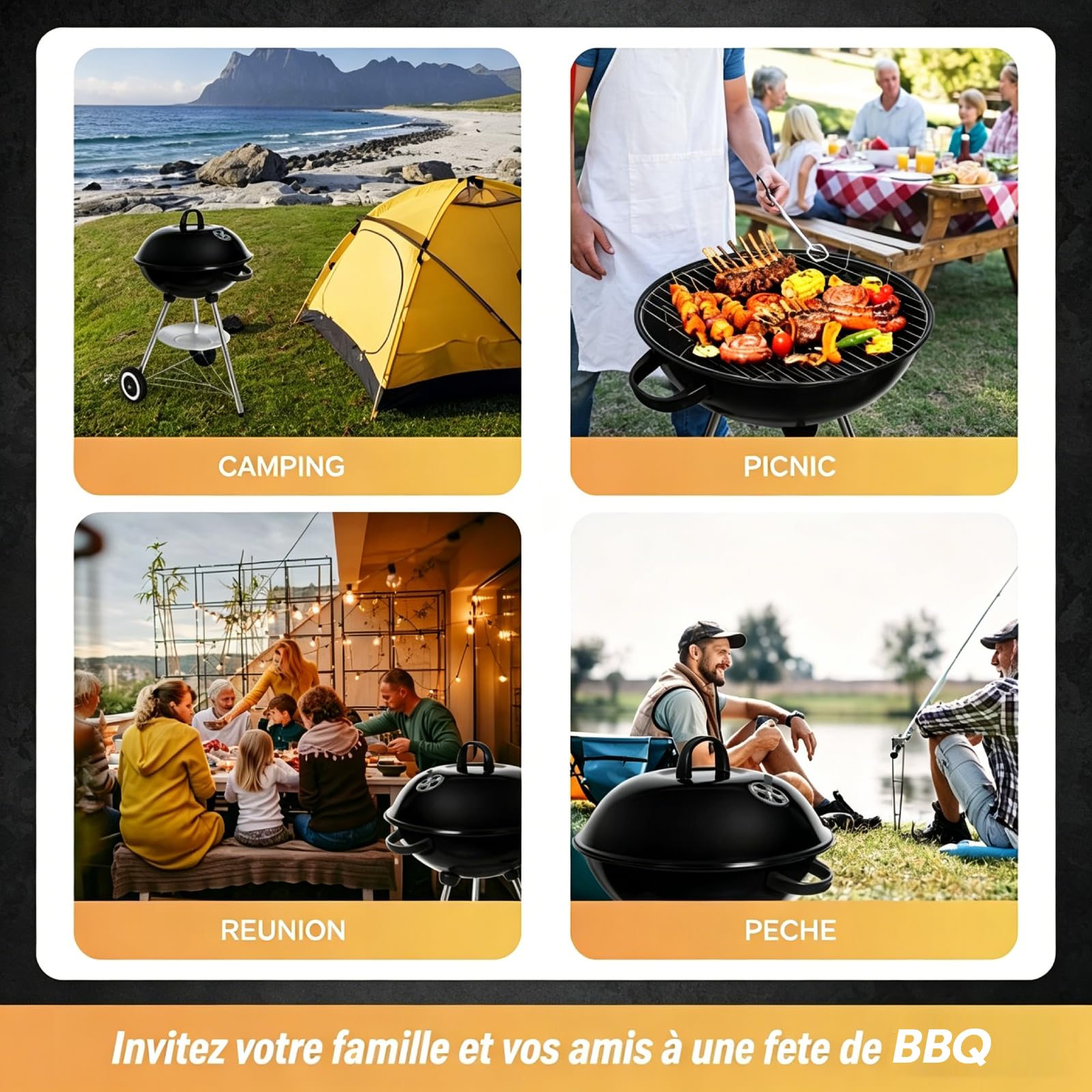 Barbecue à Charbon Rond, BBQ Mobile Barbecue Grill Portable de Jardin, avec Couvercle et 2 Roues - 46 * 44 * 70cm
