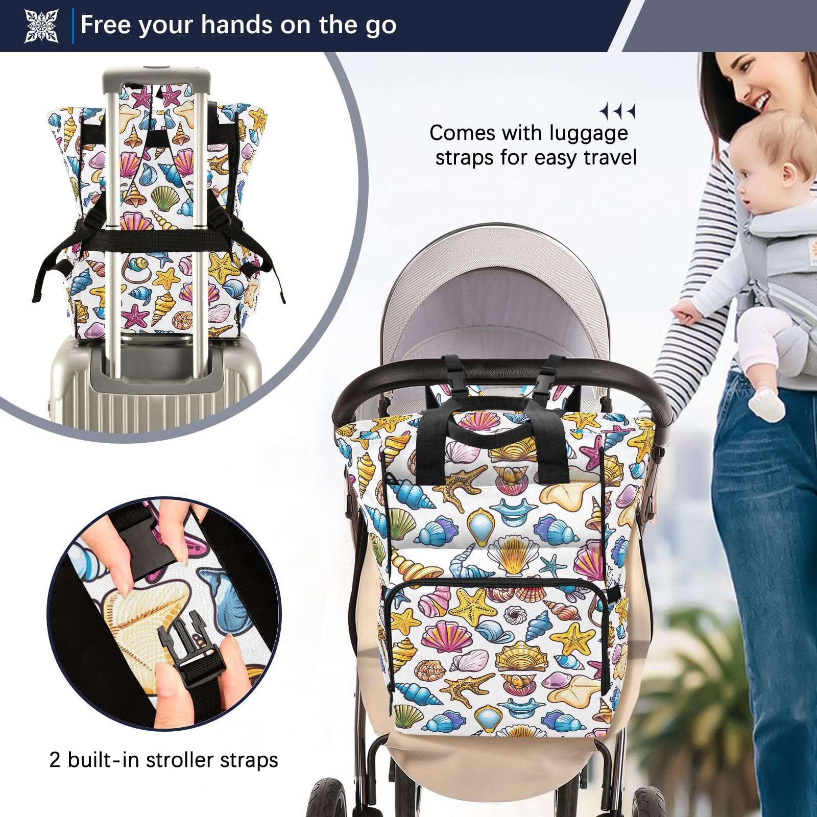 Mnsruu Seashells - Borsa per pannolini per bambini, grande, impermeabile, da viaggio, per mamme e papà