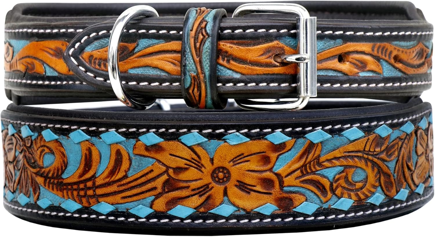 Affilare Leather Dog Collar Western Style Heavy Duty Hand Tooled Adjustable Padded Soft for Puppies and Big Dogs 10AB110-S
