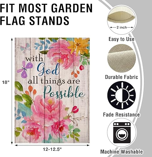Miniatura 9 de Artofy with God all Things are Possible - Bandera decorativa de primavera para el hogar, jardín de verano, flor de peonía religiosa al aire libre,