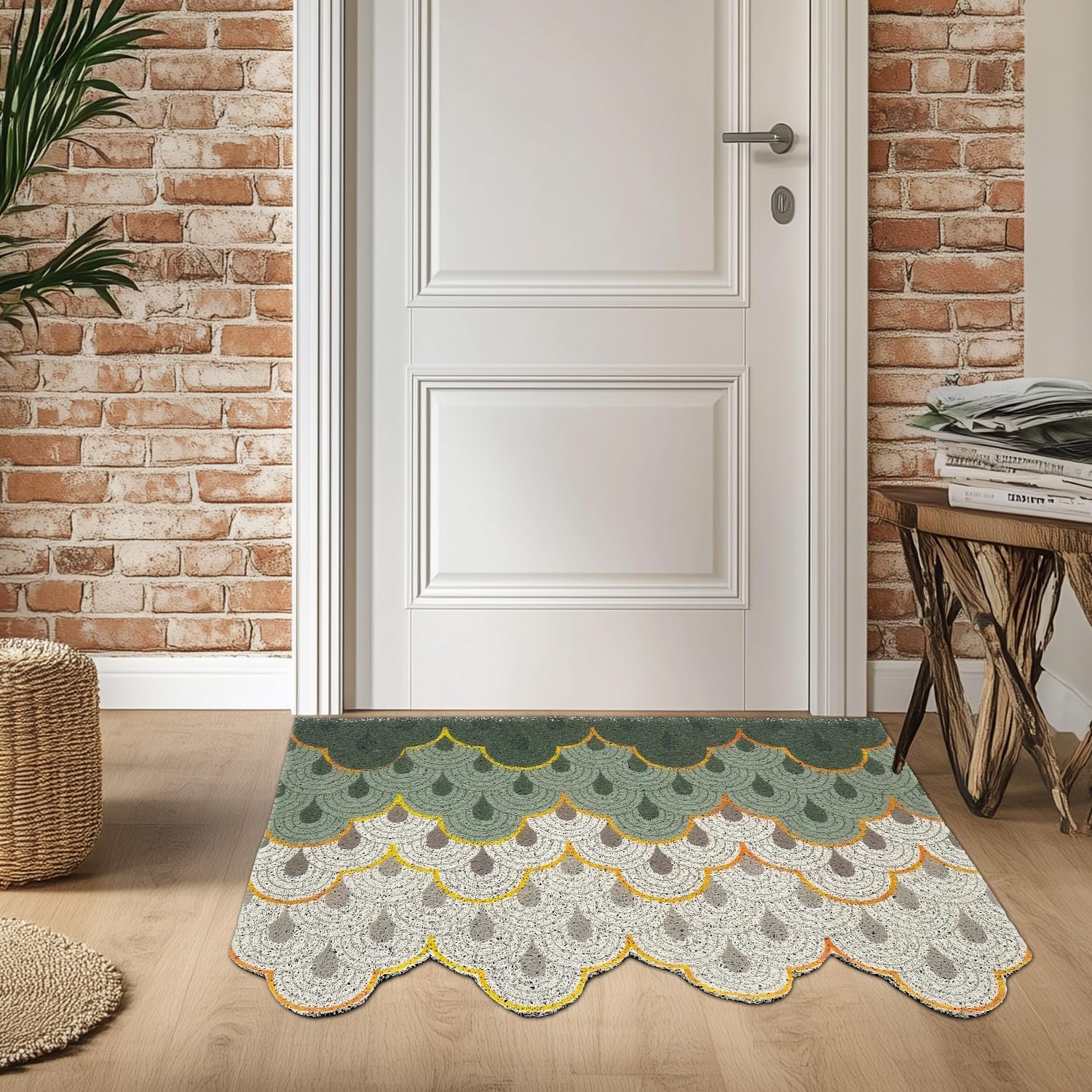 Green Wave Entrance Door Mat, Japanese Style Ukiyo-e Doormat, Anti Skid PVC Coil Rug for Home, Washable Entryway Floor Carpet