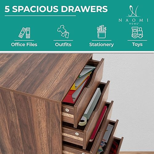 Miniatura 168 de Naomi Home Cómoda de 5 cajones para dormitorio, alta y elegante, con ruedas y estantes de almacenamiento, pequeña para guardarropa, para maquillaje,