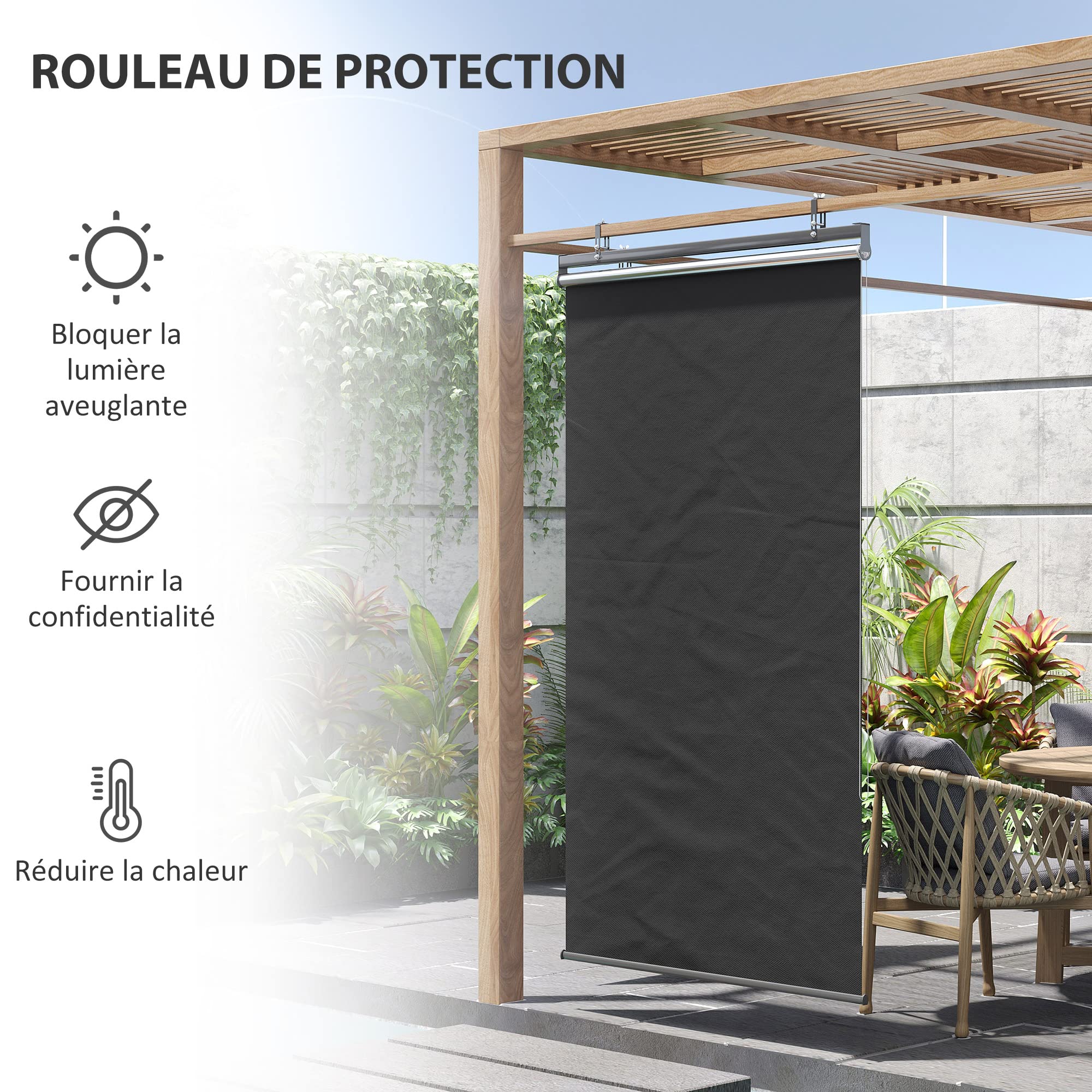 Outsunny Store Extérieur Vertical Rétractable 124L x 222H cm Gris Foncé | Manuel, Store Pare-Soleil Enroulable, Installation sans Perçage, Alu., Polyester Haute Densité