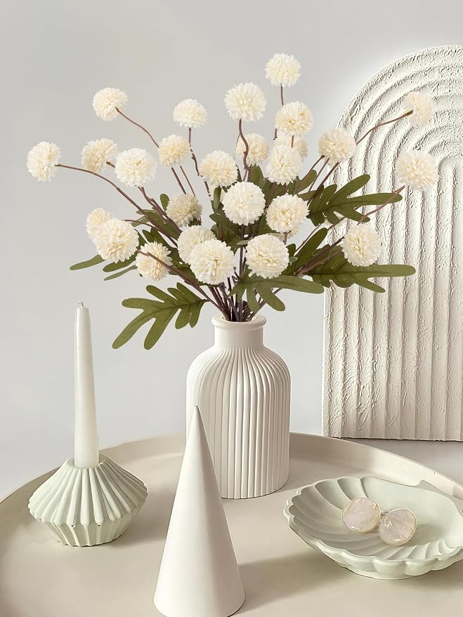 6 pcs Faux Silk Pompon Mums Artificial Flowers, Ivory