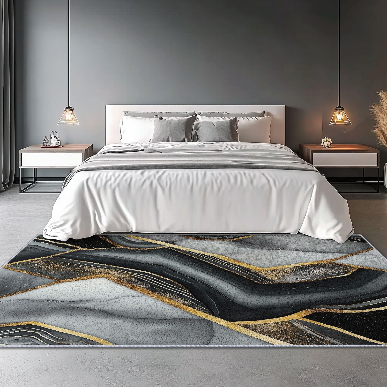 Tapis Moderne Agate Géométrique imprimé pour Salon, Gris Or Tapis Poil Ras Doux et antidérapant Design Moderne Lavable, décoration intérieure, 120 x 170 cm