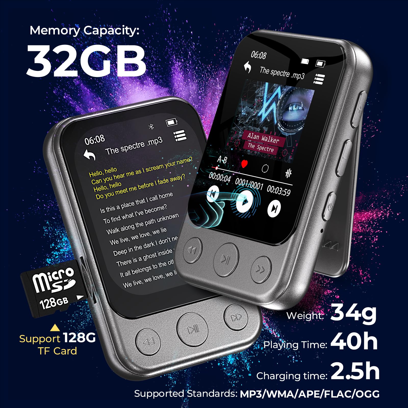 32GB Lettore MP3 Bluetooth 5.3 con Clip e Altoparlante, Lettore Musicale Sportivo con Touchscreen e Tasti, Controllo Volume Indipendente, Radio FM, Registrazione Vocale, Espandibile fino a 128GB