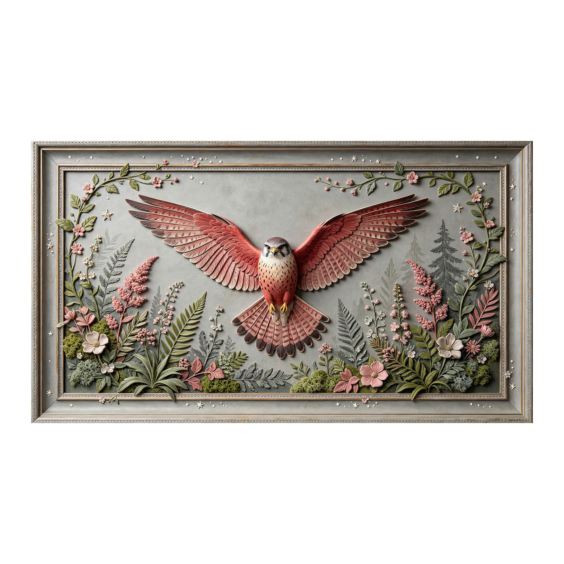 Yzpallescene 3D 3D Framed Wall Art 50cm×90cm Floral Hawk Botanical Relief Effect Large Size SelfAdhesive Removable Wall Decor Prints Artwork for Living Room Bedroom Office