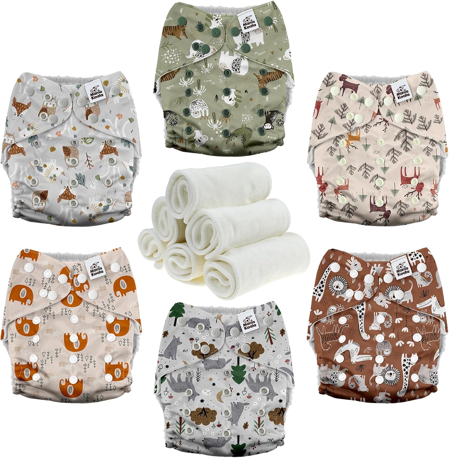 Mama Koala 3.0 Cloth Diapers for Babies with AWJ Lining, 6 Pack with 6 Natural Cloth Diaper Inserts – Reusable and Washable Pocket Diapers (Animals in The Forest)