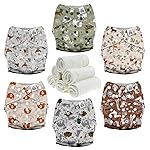 Mama Koala 3.0 Cloth Diapers for Babies with AWJ Lining, 6 Pack with 6 Natural Cloth Diaper Inserts - Reusable and Washable Pocket Diapers (Animals in The Forest)