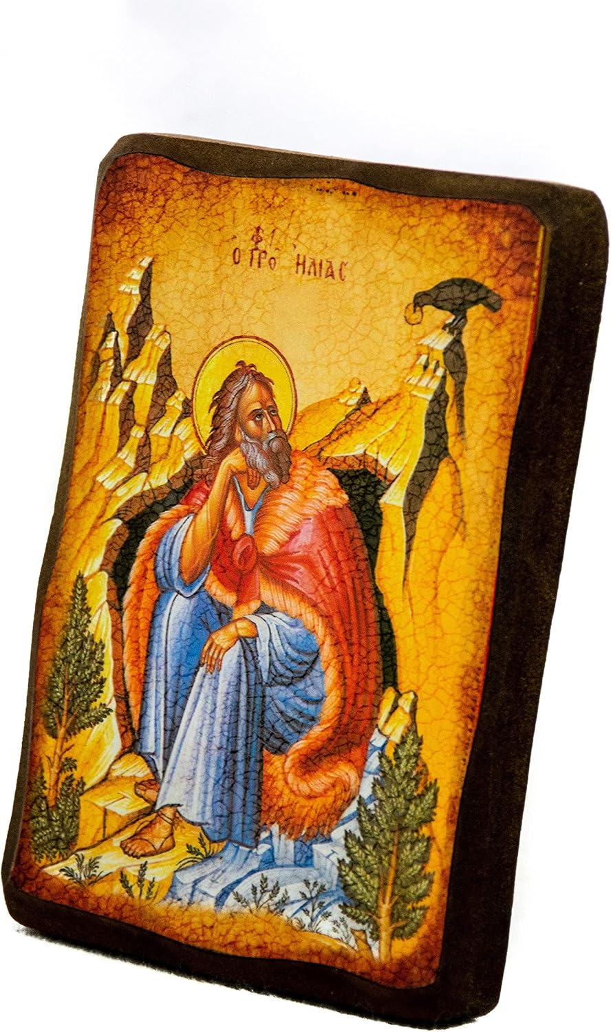Prophet Elijah icon, Handmade Greek Orthodox icon of Saint Elias, Byzantine art wall hanging on wood plaque icon, religious decor