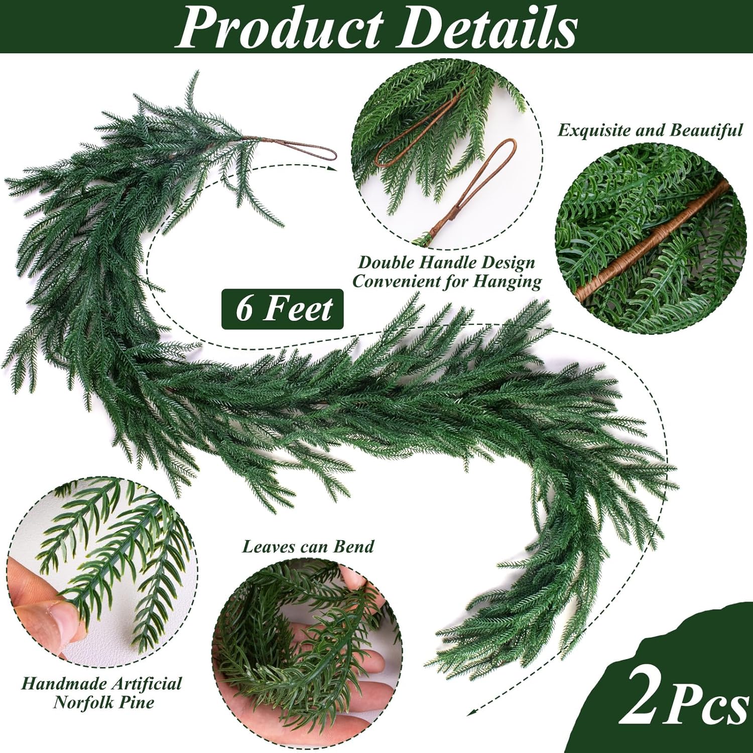 2 Pcs Artificial Christmas Norfolk Pine Garlands Realistic Faux Norfolk Pine Real Touch Winter Greenery Garlands for Indoor Outdoor Fireplace Mantel Table Wall Christmas Decorations (6 Feet)