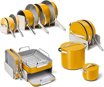 Caraway 31-Piece Ceramic Cookware Bundle - Fry Pans, Saucepans, Saute Pan, Dutch Oven, Petite Cooker, Stir Fry, Rondeau, Stock Pot, Grill & Griddle Pans, Roasting Pan, Racks, Organizers - Marigold