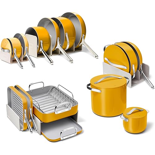 Caraway 31-Piece Ceramic Cookware Bundle - Fry Pans, Saucepans, Sauté Pan, Dutch Oven, Petite Cooker, Stir Fry, Rondeau, Stock Pot, Grill & Griddle Pans, Roasting Pan, Racks, Organizers - Marigold