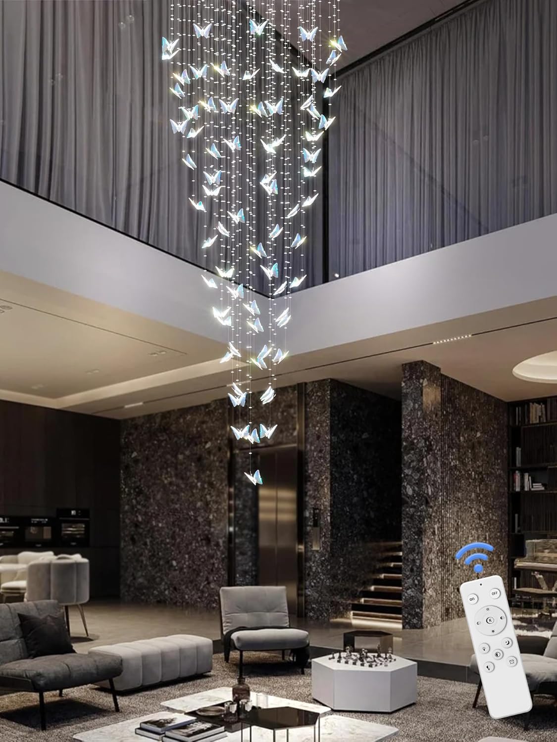 H102 High Ceiling Chandelier Modern Crystal Chandeliers Lighting Raindrop Large Chandelier for Staircase Foyer Entryway Living Room Dimmable 3000-6000K