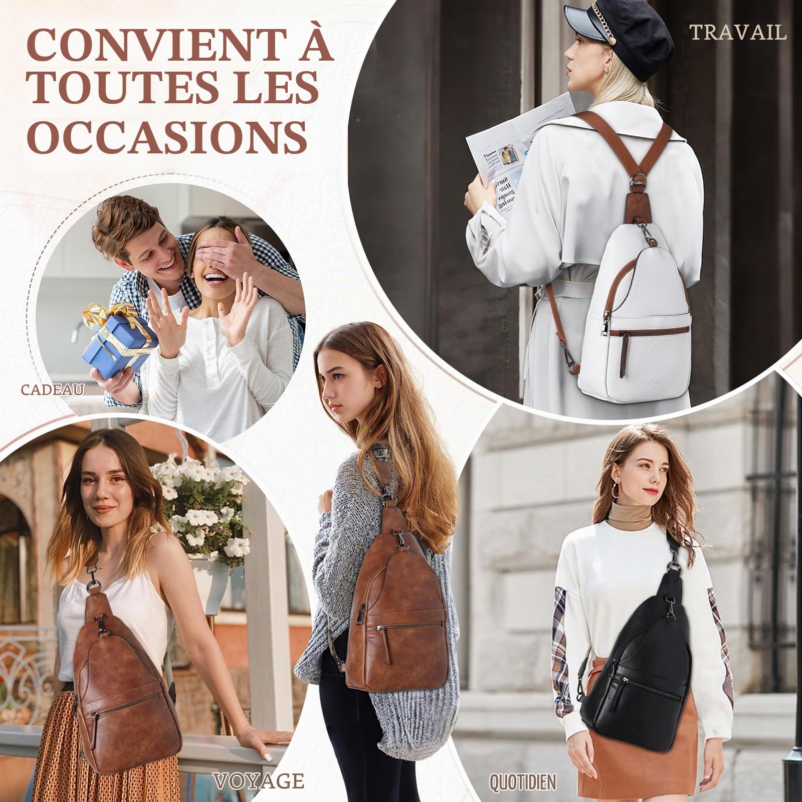 Sac de Poitrine Femme, Élégant Antivol Sac Bandoulière Banane Femme Fille Convertible Cuir PU Sling Bag pour Voyage Plein Air Vacances