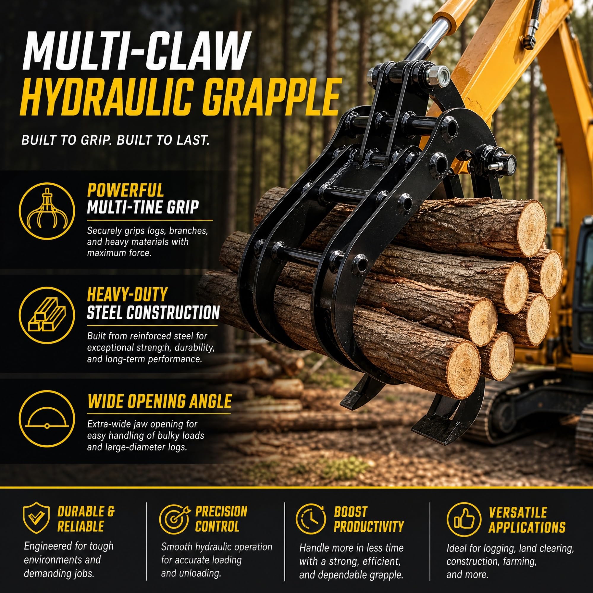 Attacco Benna Grapple per Mini Escavatore 0,8–1,8 Ton, Pinza Idraulica per Legno, Rocce e Metalli, Apertura 90 mm, Foro 25 mm, Accessorio Escavatore Compatto Professionale