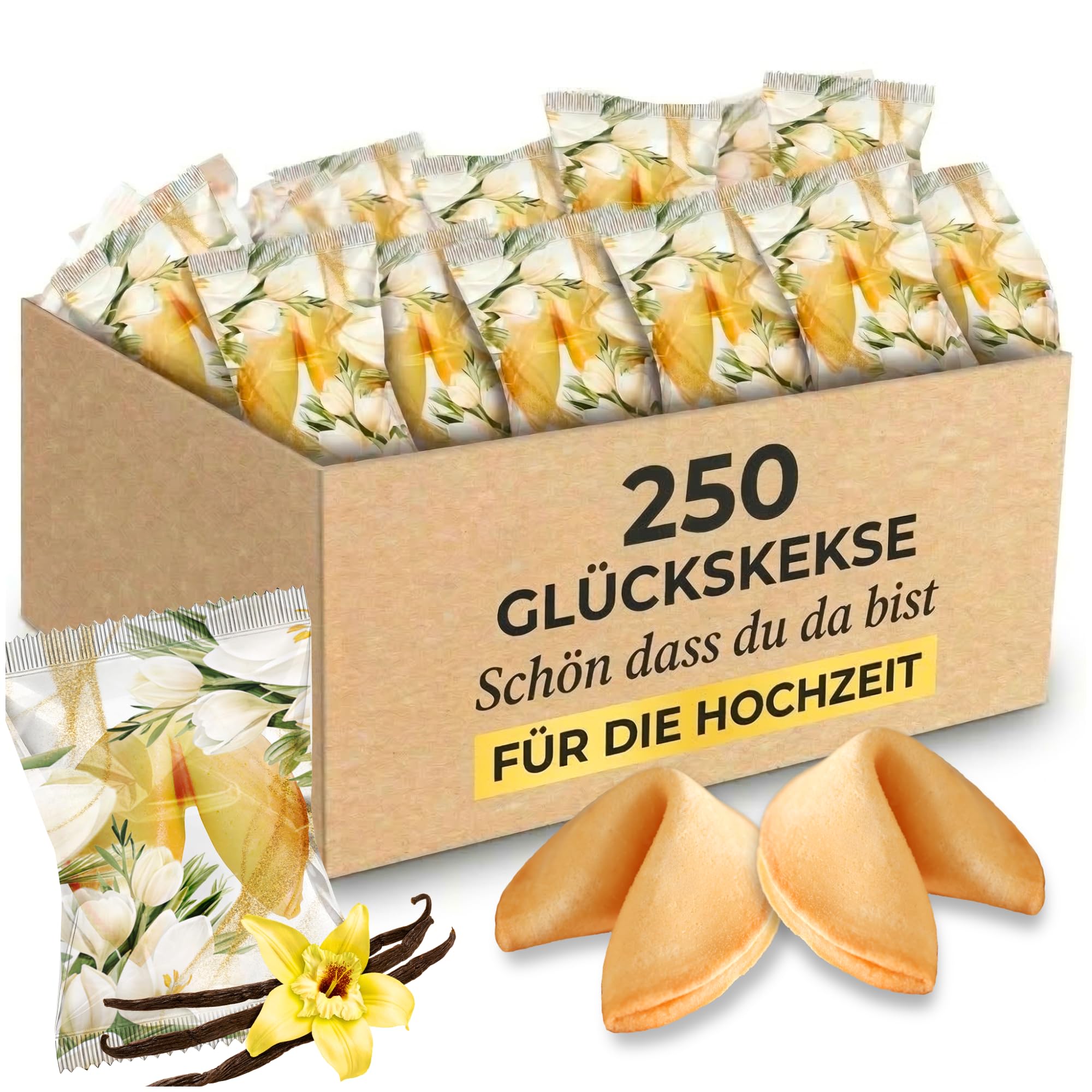250 Stück Glückskekse Schön dass du da bist - Einzeln Verpackt, Komplimente im Inneren, Sprüche auf Deutsch & Englisch, Vanille Geschmack, Kommunion & Taufe, Gastgeschenke Hochzeit