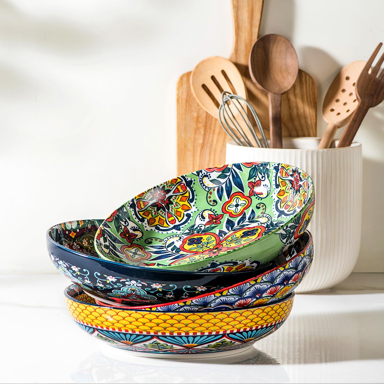 HENXFEN LEAD Saladiers 1330 ml, assiettes creuses, assiettes à pâtes, lot de 4 en porcelaine, grands plats de service colorés pour pâtes, nouilles, salade, soupe, style bohème