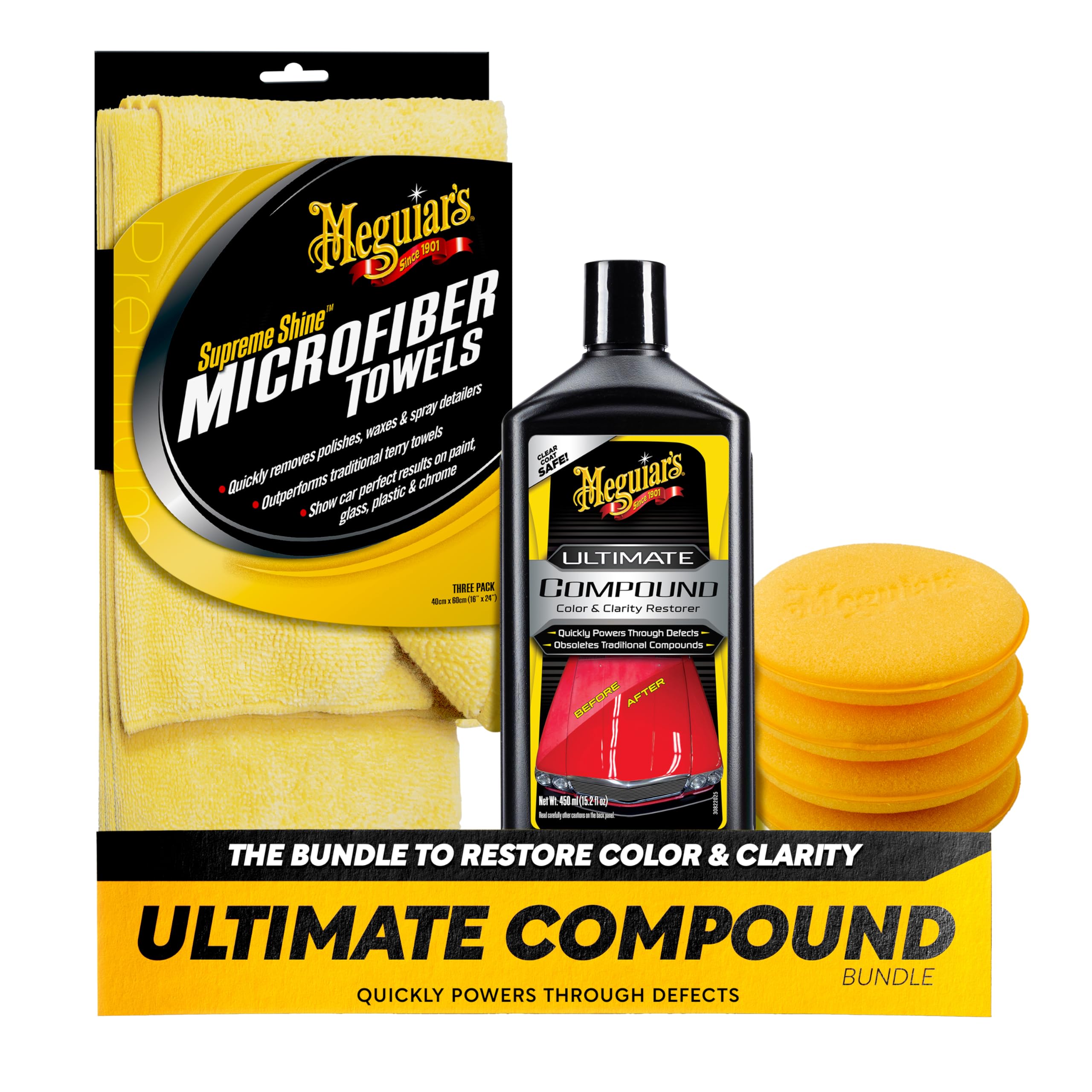 Meguiar's Ultimate Compound, 16 Oz Bundle, Includes 4" Foam Applicator Pads 4 Pack and Supreme Shine Microfiber Towels 3 Pack, Rubbing Compound for Car Scratches