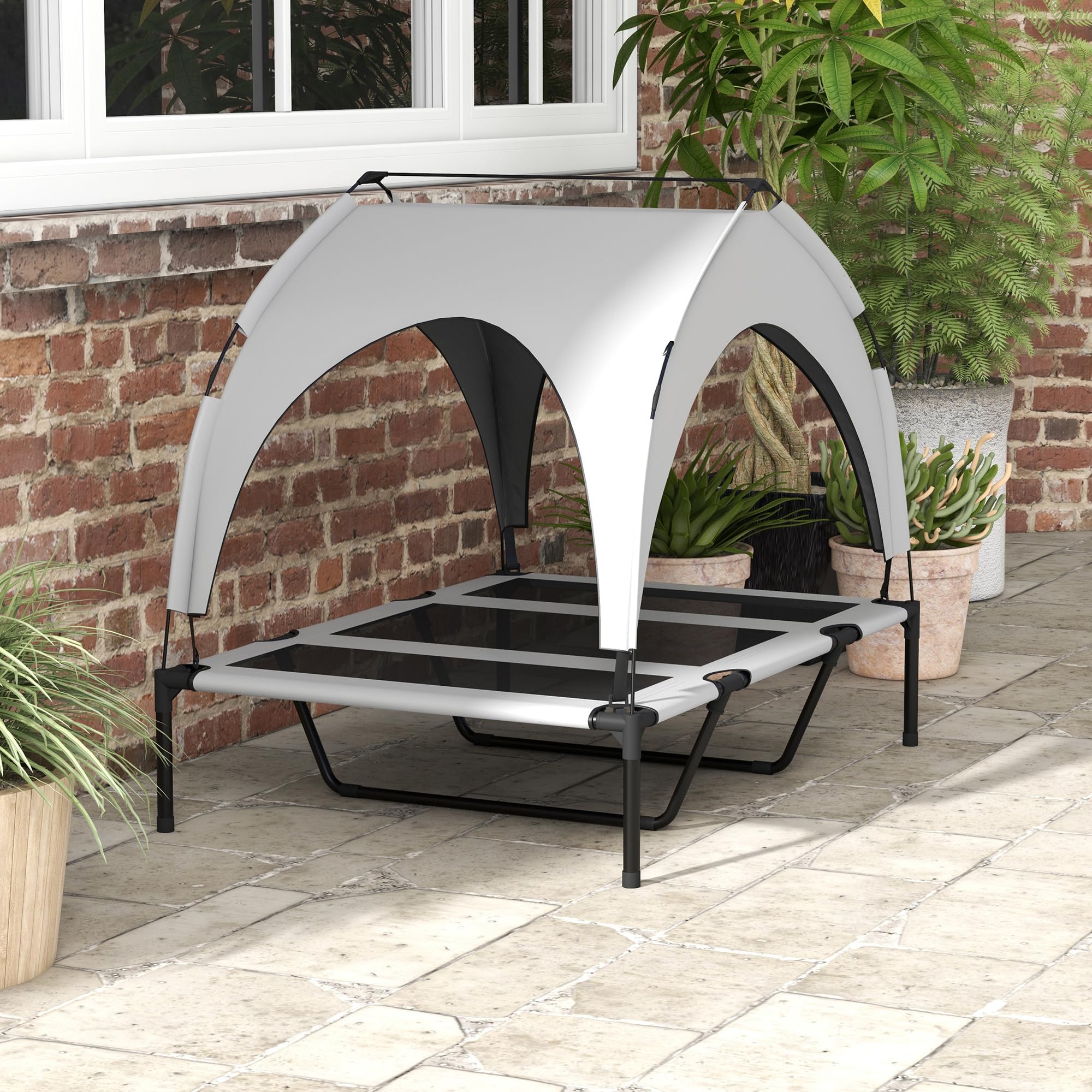 PawHut Lit Chien surélevé Camp Velum Taffetas Tissu textilène Micro-perforé Sac Transport Inclus 106 x 76 x 94 cm Gris