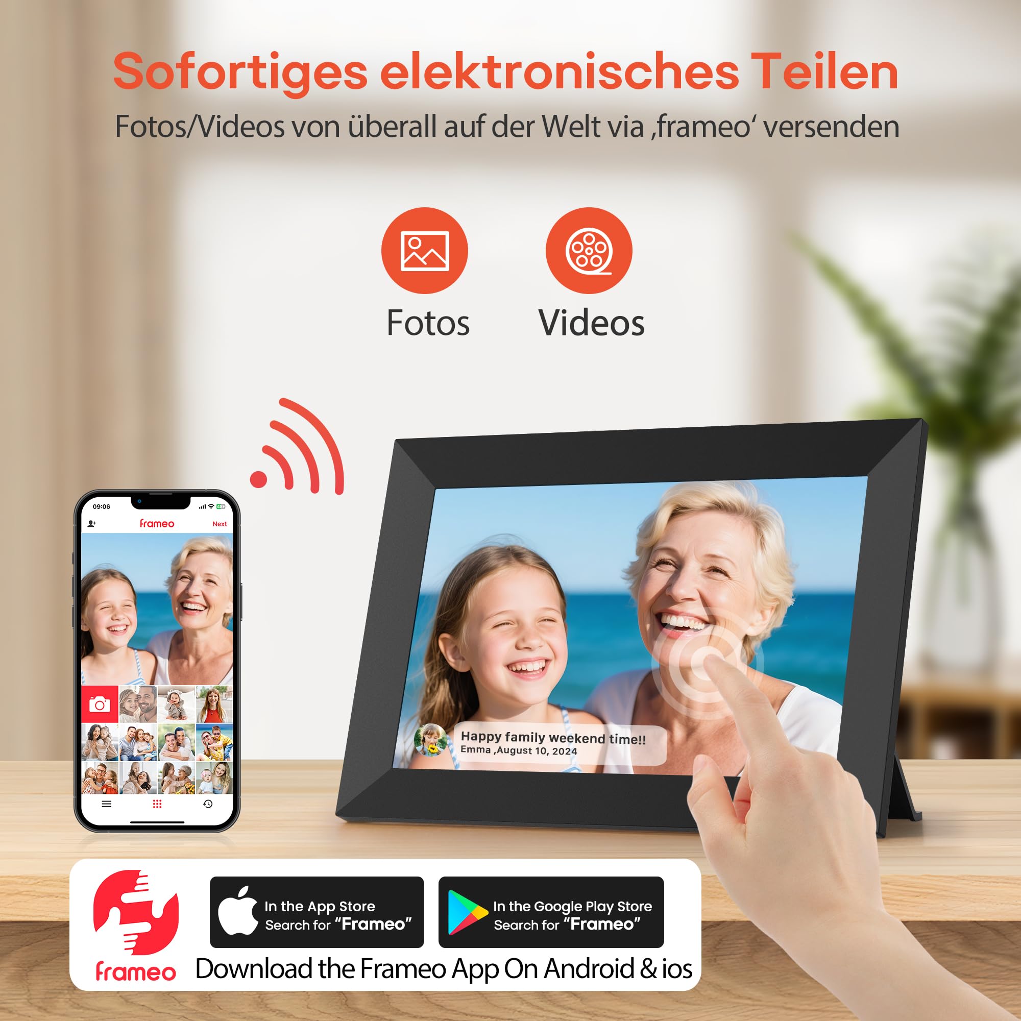 Frameo 10,1-Zoll-WLAN-Digitaler Bilderrahmen mit 32 GB Speicher, 1280 x 800 IPS-Touchscreen, Intelligenter Elektronischer Bilderrahmen, Wandmontierbar, Automatische Drehung, Fotos/Videos Über Frameo-A