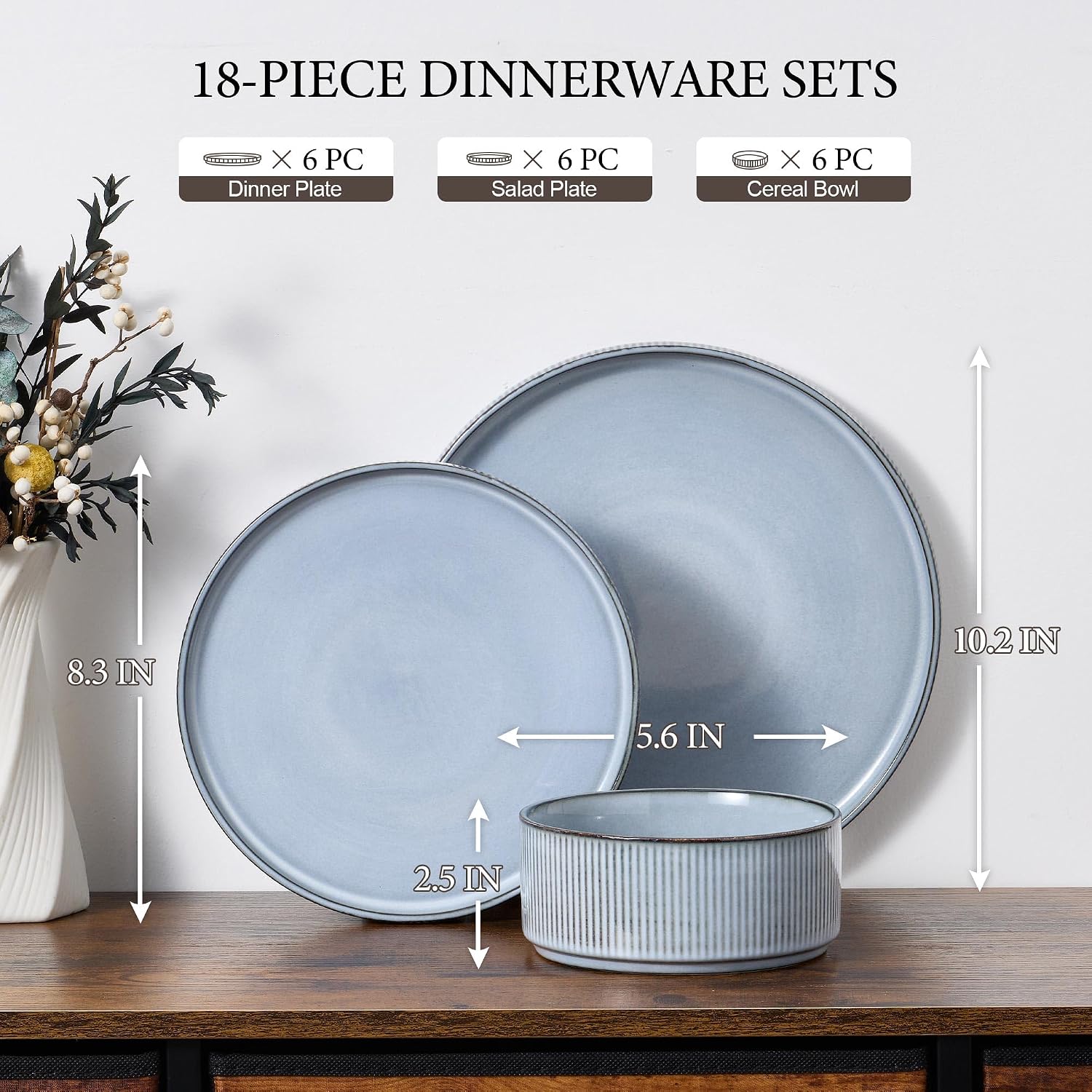e-far stoneware dinnerware sets, 18-pieces modern plates and bowls sets, kitchen dinning porcelain dishes set for 6, chip & scratch resistant, dishwasher & microwave safe, dusty blue 18 dusty blue