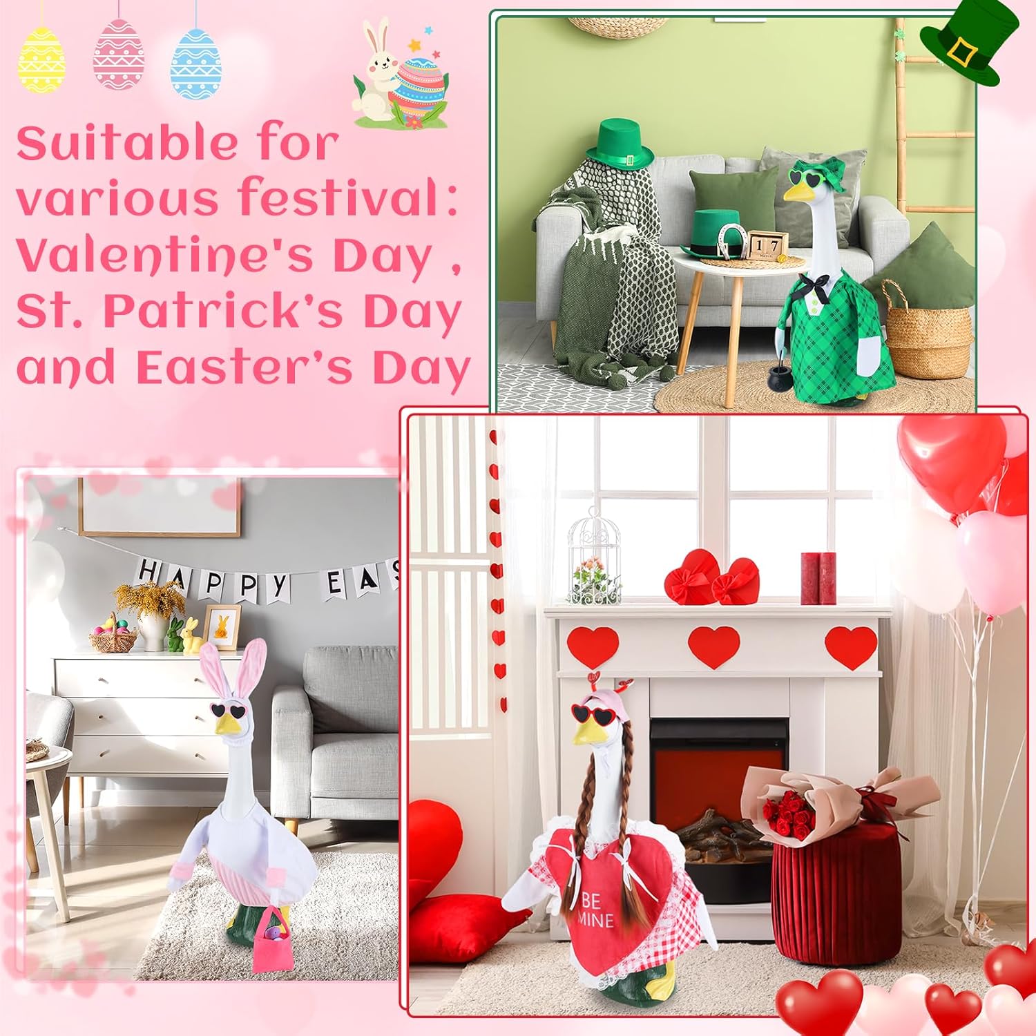 3 Sets Seasonal Porch Goose Outfits with Braid Wig Sunglasses Valentine St. Patrick Easter Bunny Festivals Lawn Goose Clothing Costume Set for 23“ Outdoor Yard Garden Patio Lawn Holiday Decorations