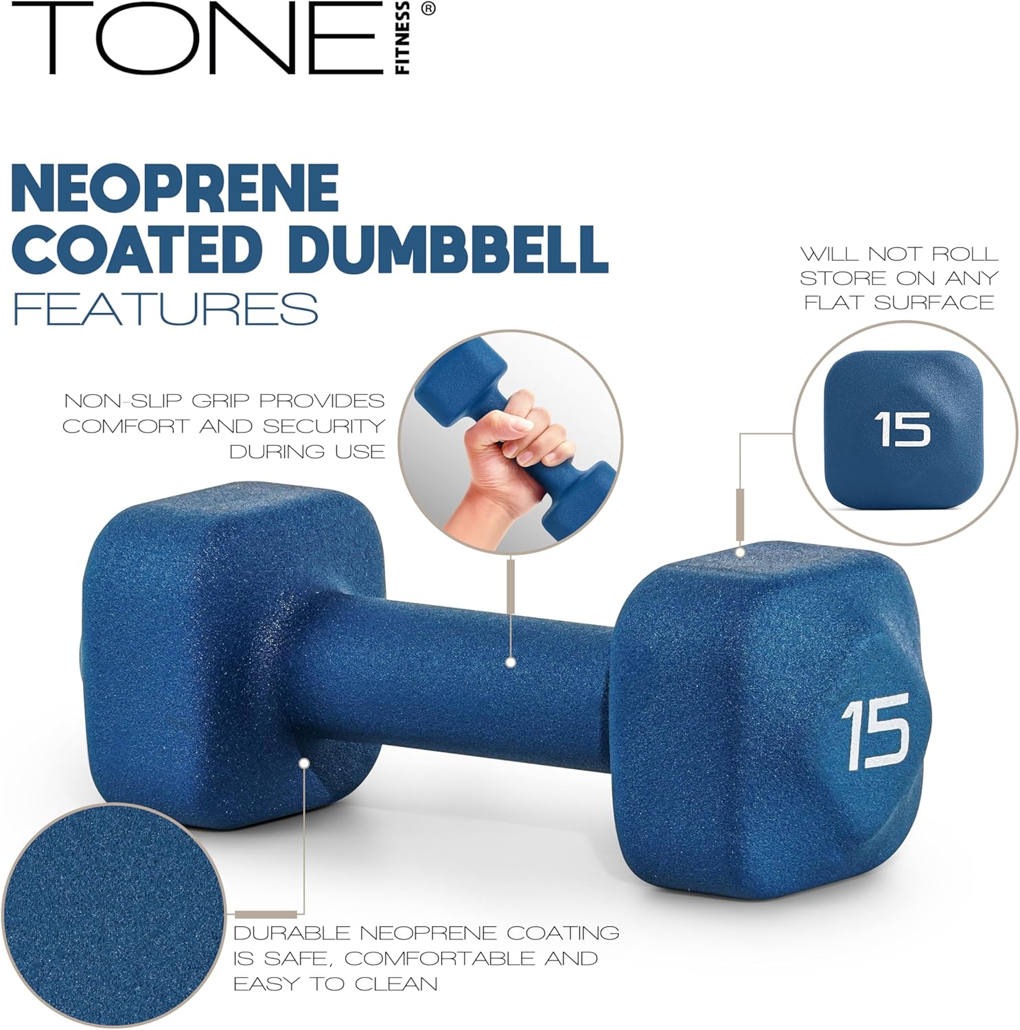 Tone Fitness Neoprene Dumbbell Weight Pairs with Anti-Roll Square Head | Multiple Options