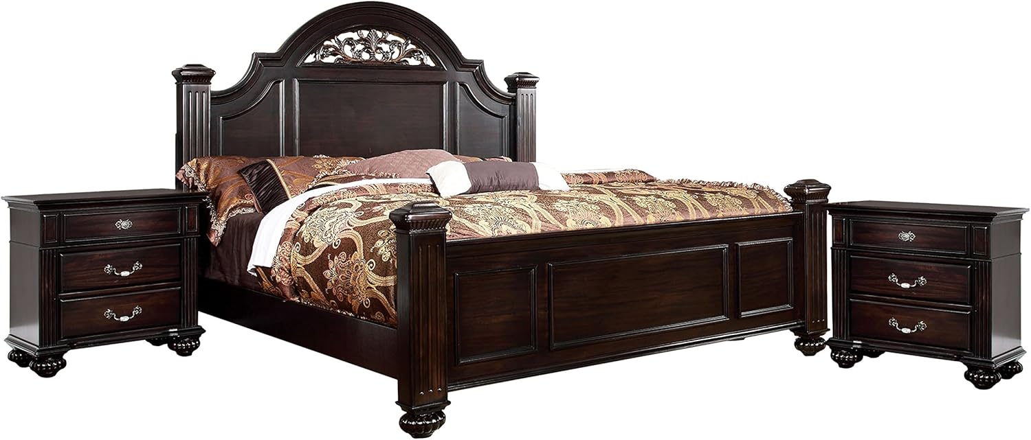 Furniture of America Malierd 3 Piece Traditional Bed Set with 2 Nightstands, Box Spring Required, Queen, Dark Walnut