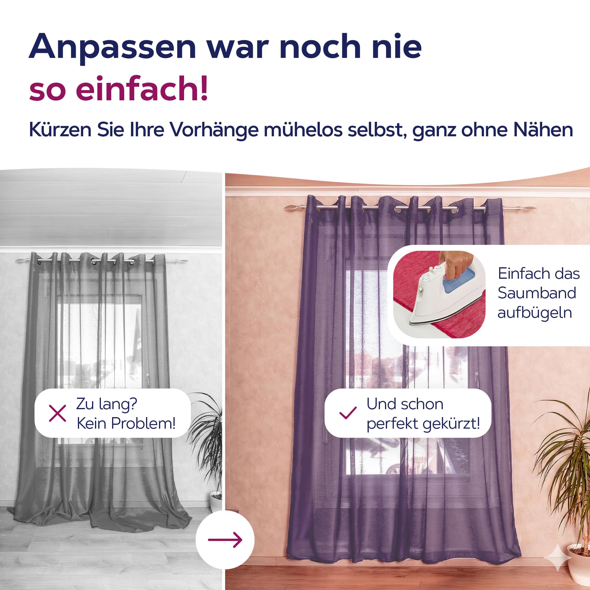 BEAUTEX Vorhang mit Kräuselband oder Ösen, transparente Gardine Dolly, Farbe und Größe wählbar (Kräuselband - Breite 290 cm - Höhe 250 cm - 1 Stück - Pflaume)