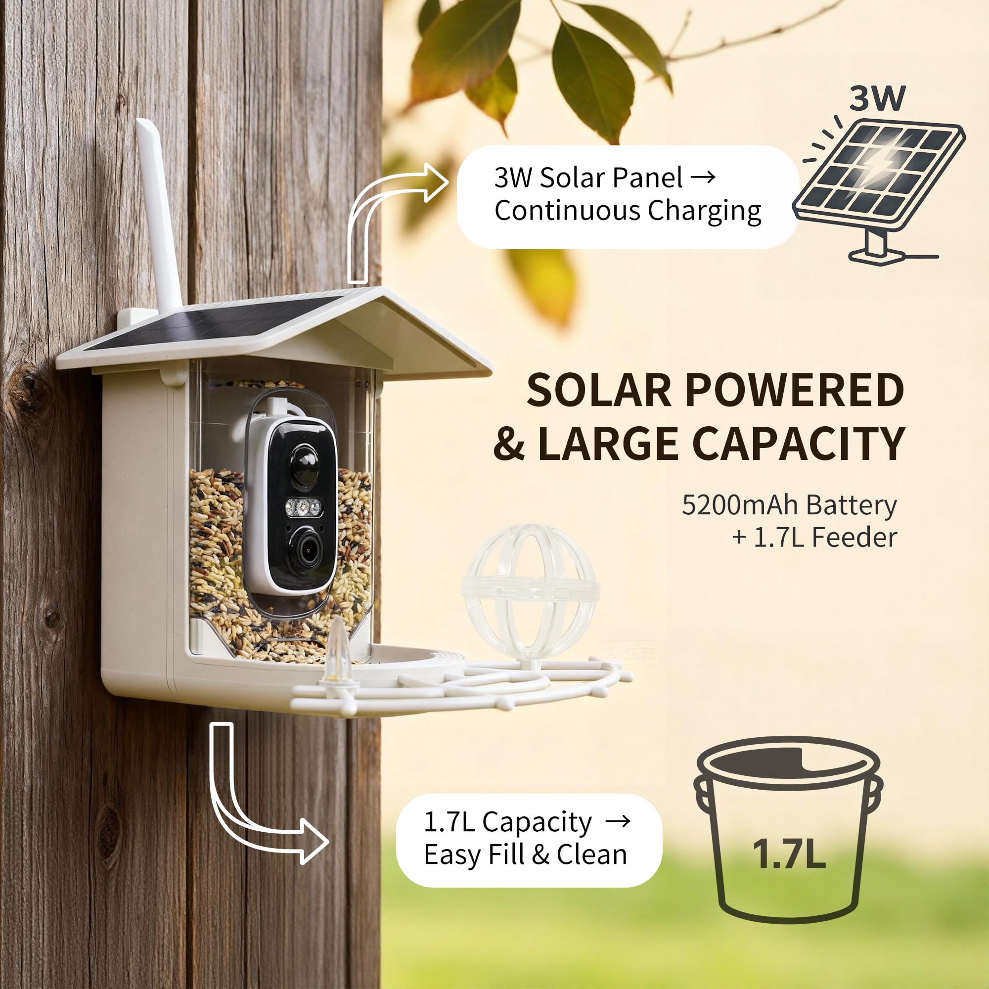 Origem Comedero Pájaros Exterior con Cámara 2K Solar, Tarjeta SD 64 GB | Comedero inteligente 1,7 L, cámara con visión nocturna, identificación IA de aves, IP65 y avisos instantáneos al móvil