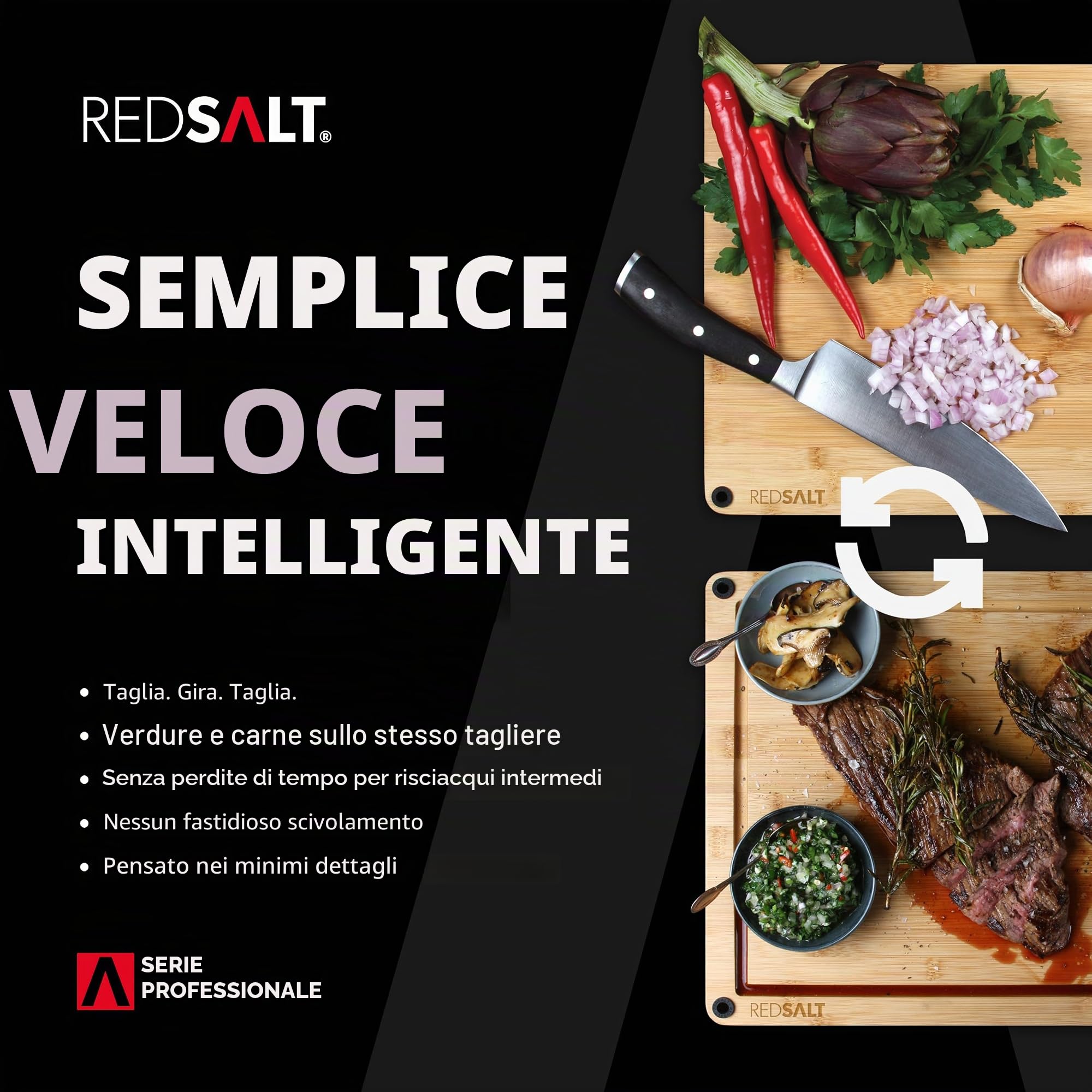 REDSALT Innovativo tagliere in legno di bambù XL, 50 x 36 x 2,5 cm, antiscivolo, su entrambi i lati, antibatterico, scanalatura profonda, tagliere in legno di alta qualità, grande per cucina e