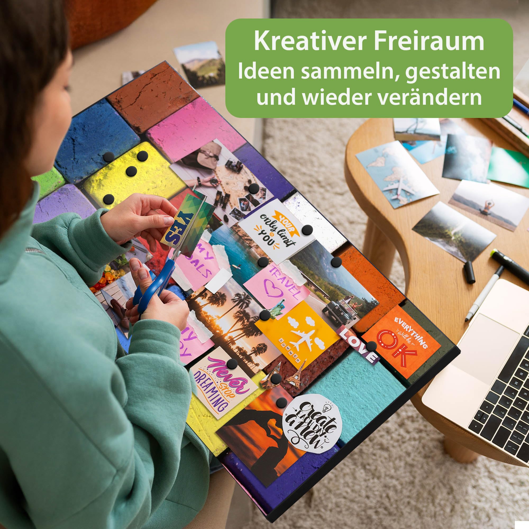 banjado Magnettafel Metall 78 x 37cm - beschreibbare Magnettafel - Metall Pinnwand als Memoboard - Magnetwand Küche, Büro, Kinderzimmer Schwarz inkl. 4 Magnete & Montageset - Motiv Bunte Kreide