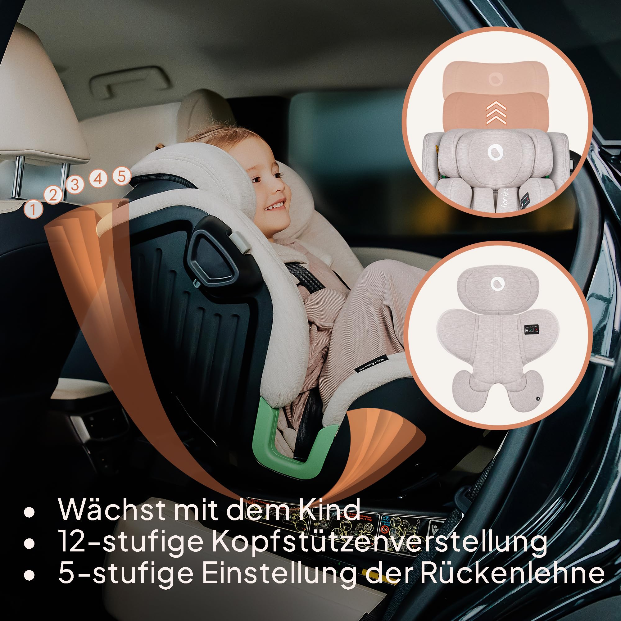 LIONELO HARMONY I-SIZE Drehbarer Kindersitz 360° für Kinder von 40-150 cm | Montage mit ISOFIX + Stabilisierungsbein, Kopfstützen- und Rückenverstellung, Dri-Seat Reduktionseinlage