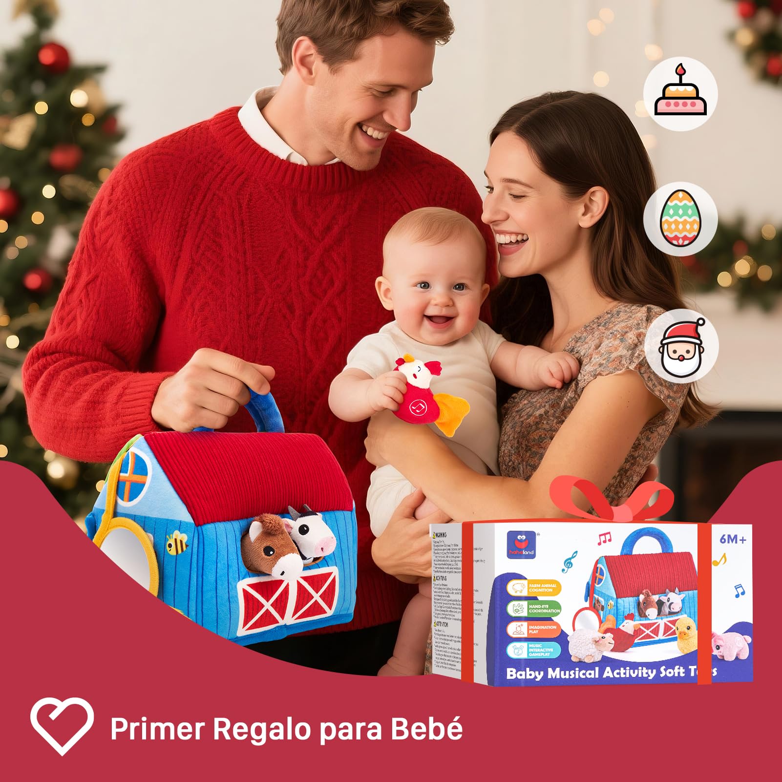 hahaland Juguetes Bebes 6-12 Meses - Granja de Peluche con 6 Animales Interactivo, Granero Plegable Blando - Montessori Juguetes Niños 1 año Regalo Bebe 6 12 18 Meses