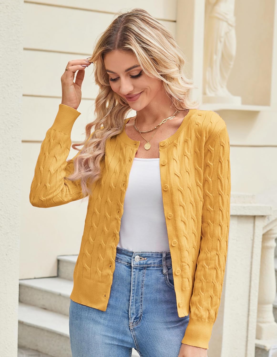 GRACE KARIN Womens Long Sleeve Button Up Cable Knit Cardigan Lightweight 2026 Crewneck Button Down Sweaters for Women - Image 2