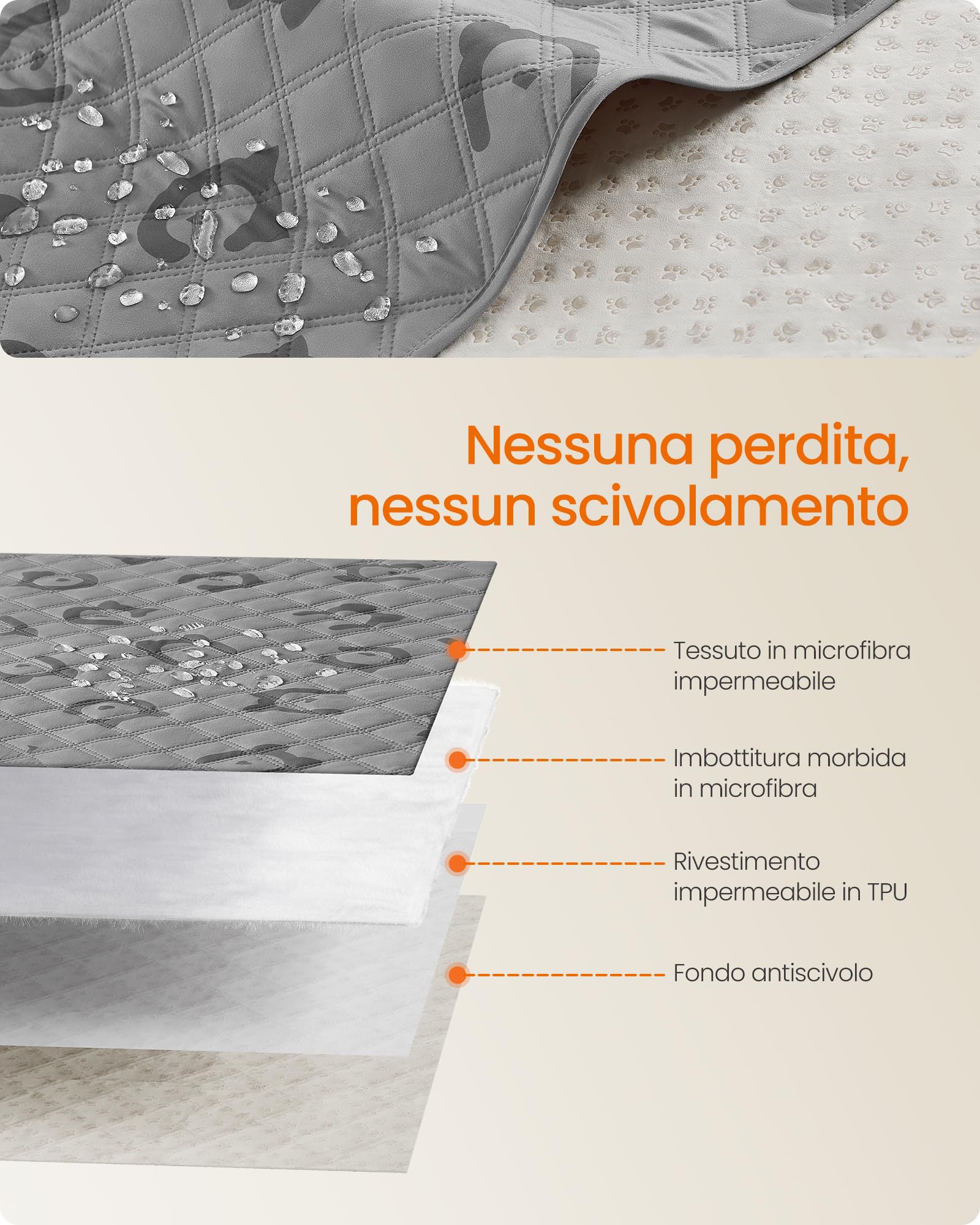 Feandrea Coperta per Cani Impermeabile di Taglia Grande, 208 x 132 cm, Copridivano per Cani Lavabile in Lavatrice, Copertura per Divano per Animali, Antiscivolo, Trapuntato, Grigio Tortora PPB027G01