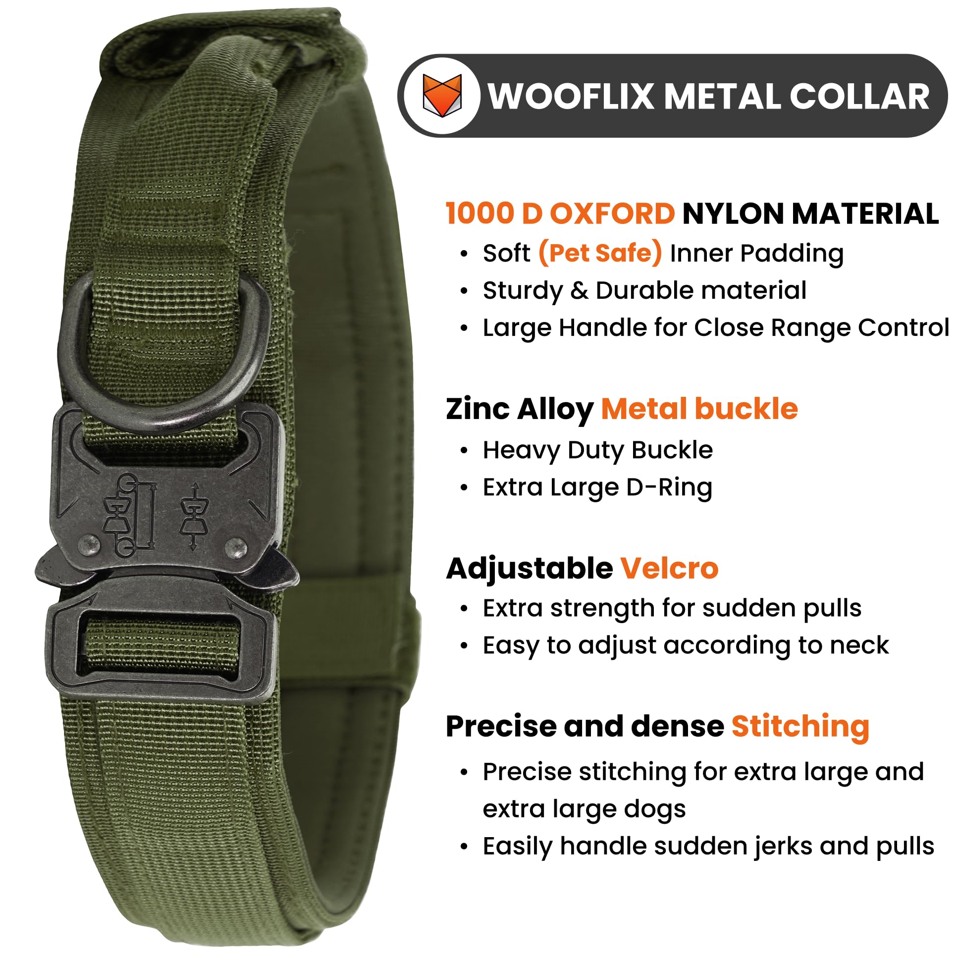 Wooflix Metal Dog Collar for Training and Walks | Nylon Collar with Tactical Metal Buckle and D-Ring for Medium and Large Dogs | Dog Collar for Heavy Breed Dogs (Army Green, Medium) 2