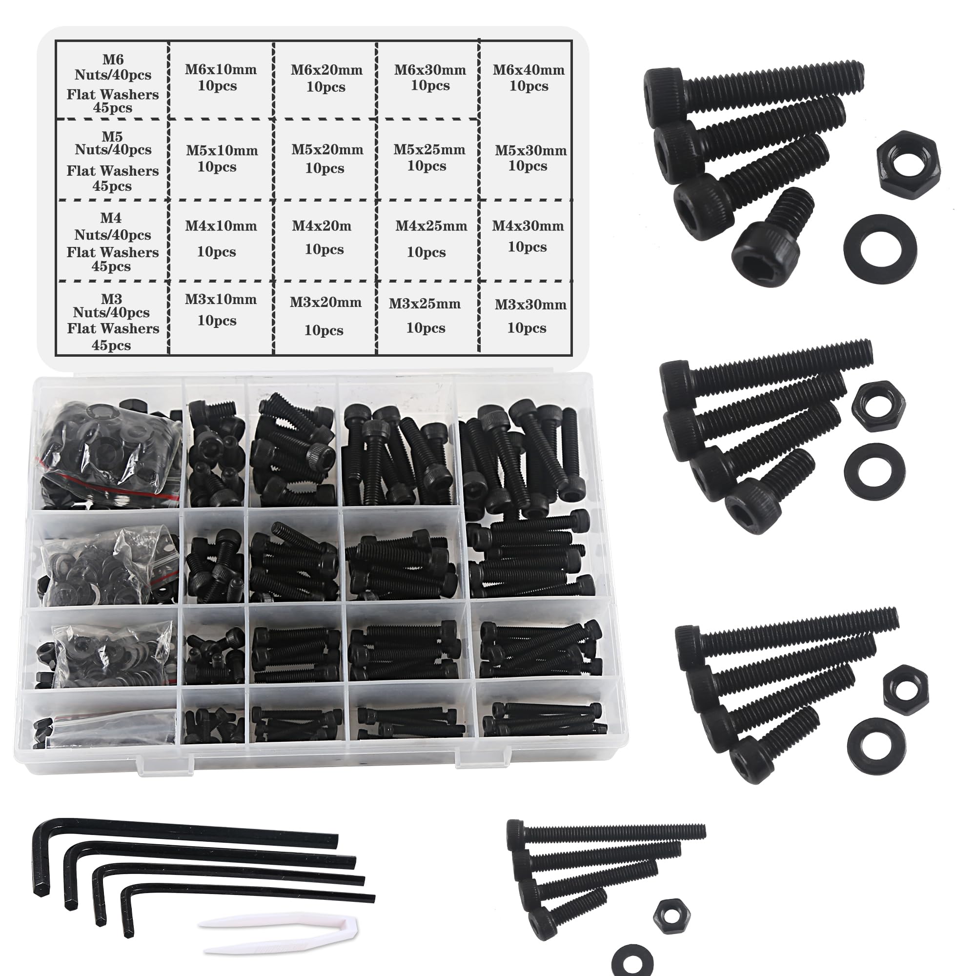 huruirui Nuts and Bolts Washers Assorted Set,M3 M4 M5 M6 Black Hex Socket Head Cap Screws Bolts and Nuts Kit 500pcs, Thread Machine Hex Bolt Set Fastener Repair Tools Assortment Kit with 4 Wrench