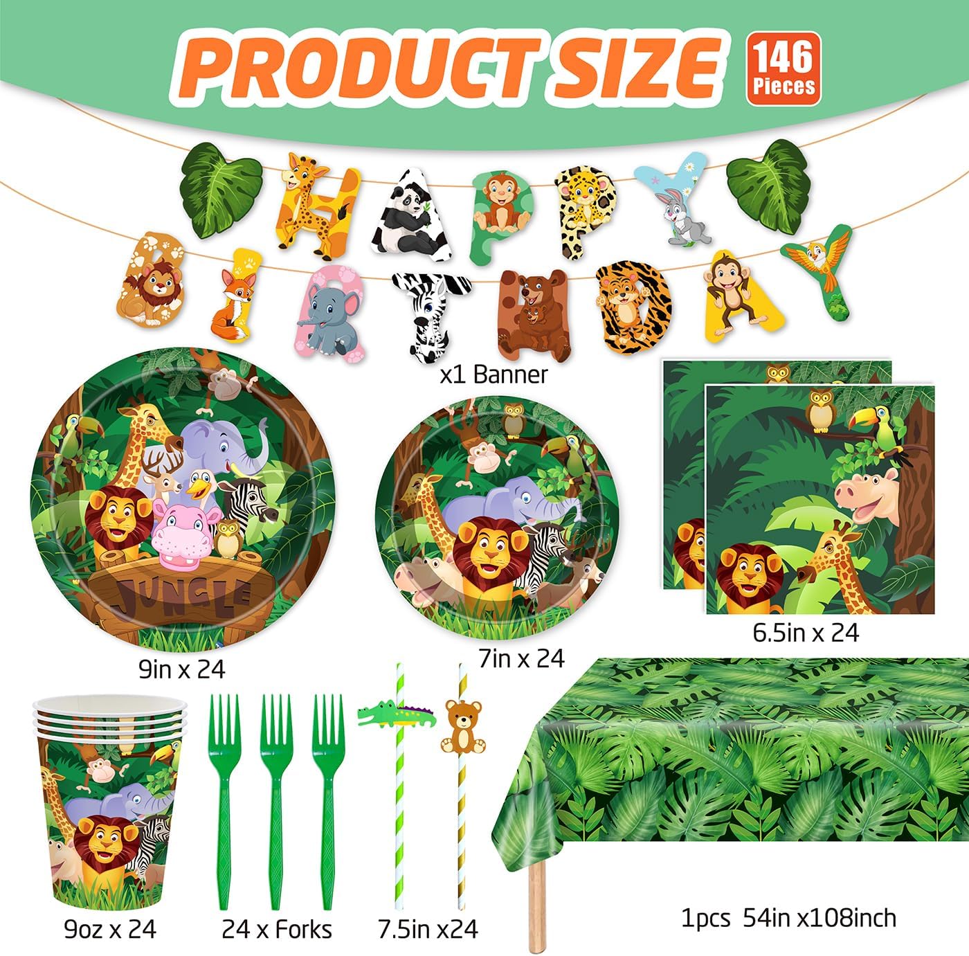 146Pcs Jungle Wild Animal Plates and Napkins Jungle Safari Party Supplies Includes Plates, Napkin, Fork, Cup, Straw, Tablecloth, Banner for Woodland Baby Shower Birthday Party Decorations, Serves 24 - Image 6