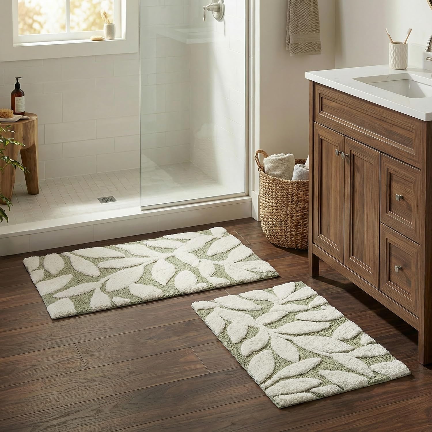 2 Piece Bathroom Rug Set - 35x22 Inch and 25x18 Inch 100% Cotton Bath Mats with Textured Botanical Leaf Print for Boho Bathroom Decor - Bath Rugs Non Slip Washable Bathmats by Lavish Home (Sage Green)
